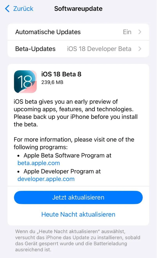 广昌苹果手机维修分享苹果 iOS / iPadOS 18 开发者预览版 Beta 8 发布 